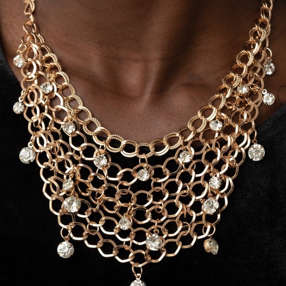 Stunning Gold Chain Layered Statement Fashion Necklace & Earring Set - Picture 1 of 5